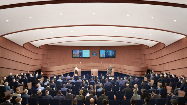 A rendering showing the interior of the Miami City Commission chambers located in the new city administration building.
